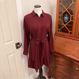 Nine West Maroon Long Sleeve Flutter Hem Tie Waist Dress